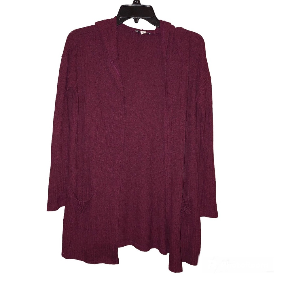 American Eagle Feather Light Ribbed Hooded Pocket Cardigan Burgundy Red XS/S